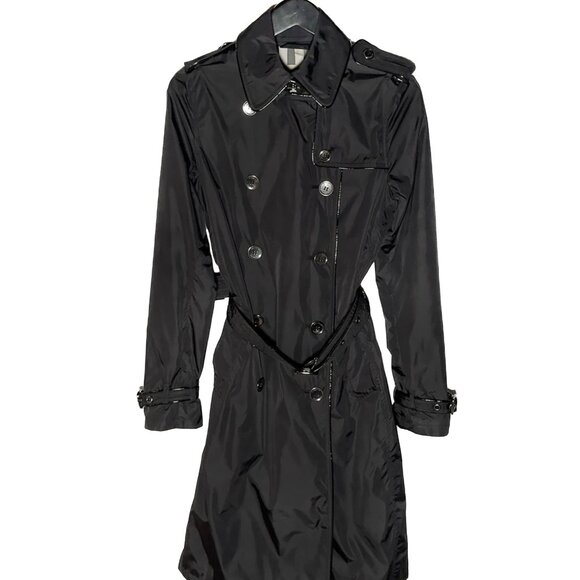 Burberry Black Nylon Patent Piping Trench Coat - Picture 1 of 12